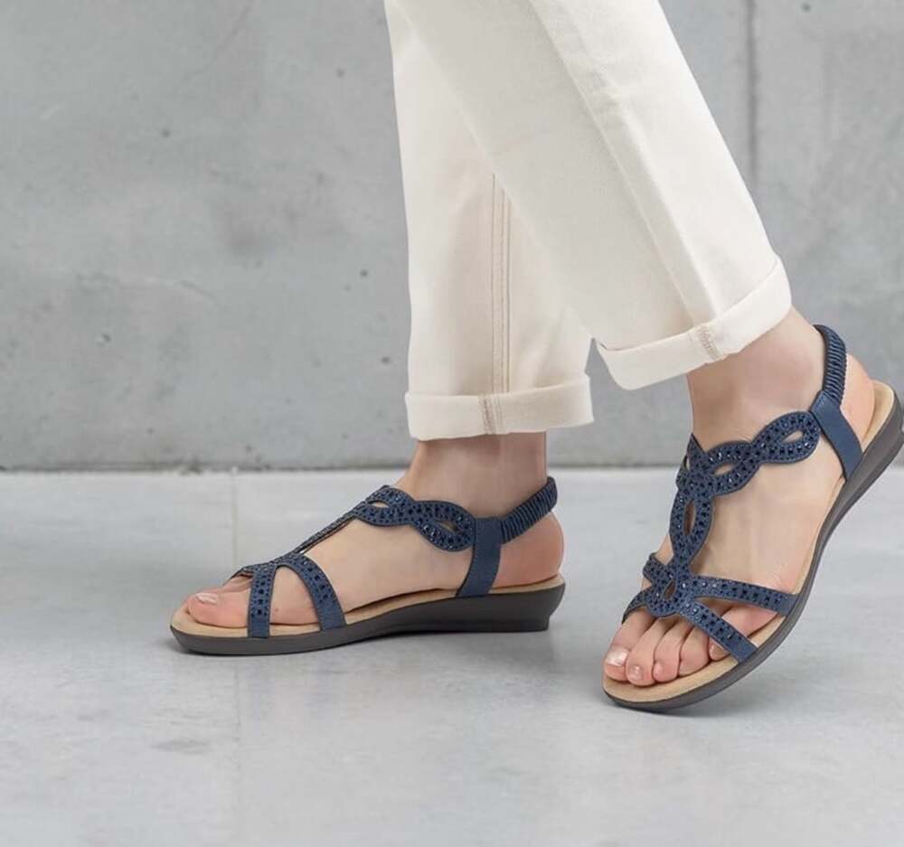 VJH Confort Women Flat Sandals Rhinestone Open Toe Elastic Navy Blue